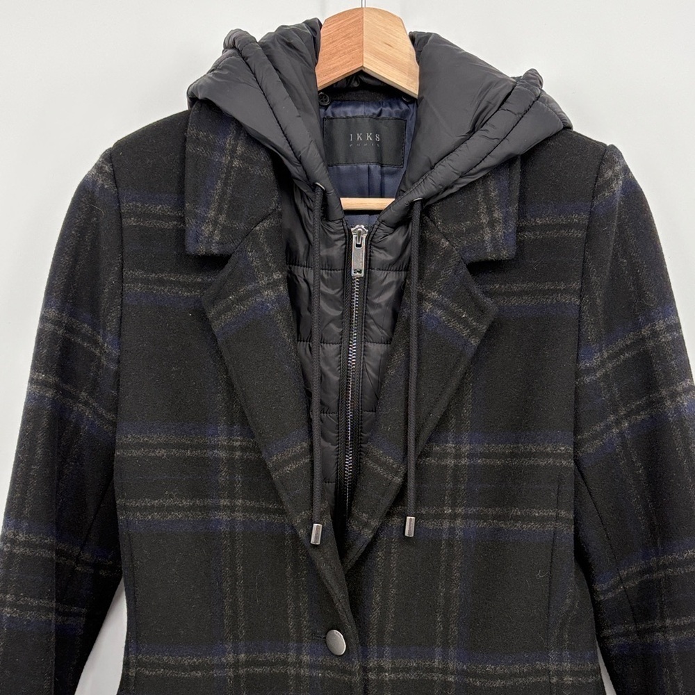🧲 IKKS Black blue and Gray Plaid wool blend coat w zip out black puffer hoodie - Picture 10 of 12